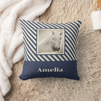 Navy Stripe White Horse Portrait Personalised Cushion