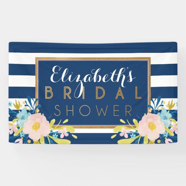 Navy Striped Floral Bridal Shower Banner (Horizontal)