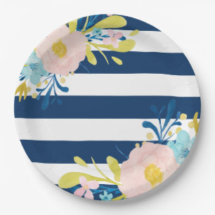 Navy Striped Floral Paper Plates