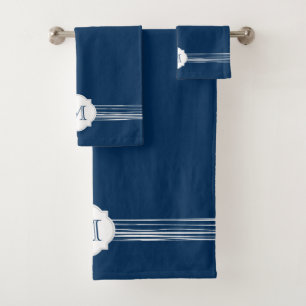 Navy Striped Monogram Bath Towel Set