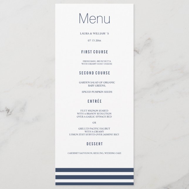 Navy Striped Wedding Dinner Menu Cards (Front)