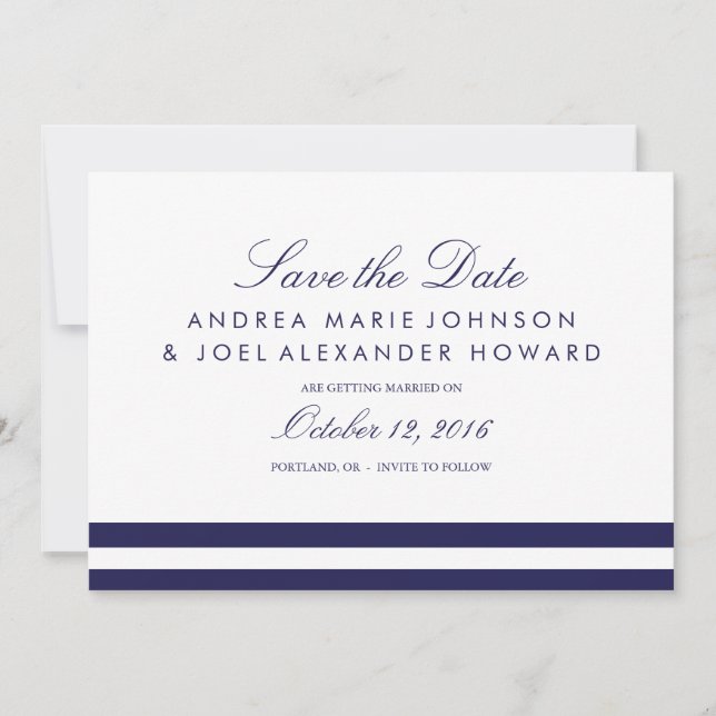 Navy Striped Wedding Save the Date (Front)
