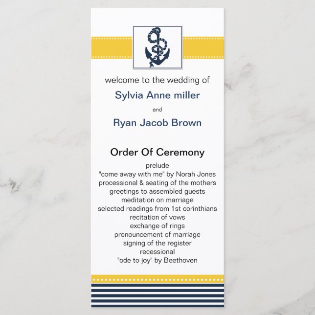 navy stripes, anchor, nautical wedding programs programme (Front)