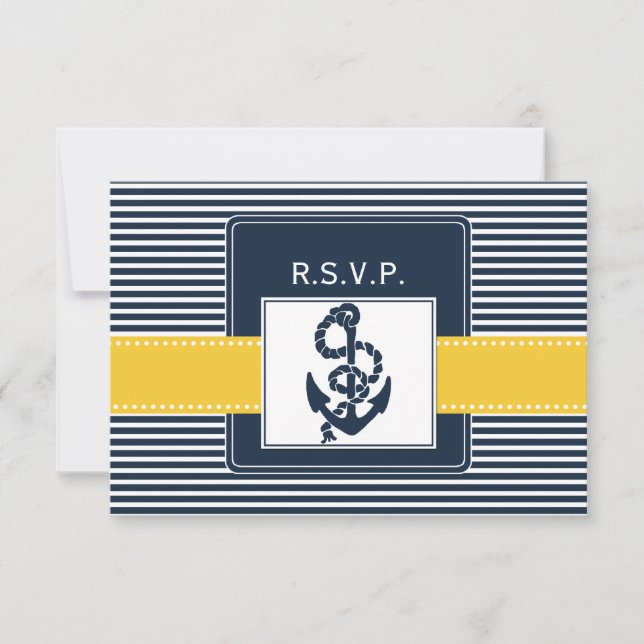 navy stripes,anchor, nautical wedding rsvp 3.5 x 5 card (Front)