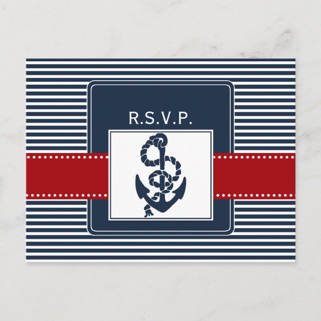 navy stripes, anchor, nautical wedding rsvp invitation postcard (Front)
