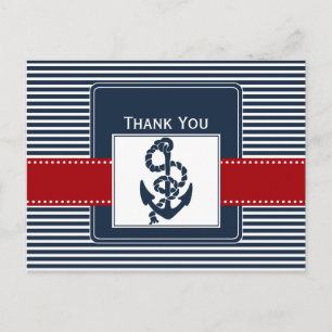 navy stripes, anchor, nautical wedding Thank you Postcard
