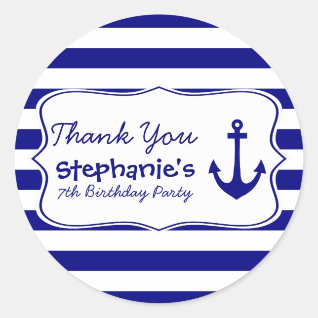 Navy Stripes and Nautical Anchor Birthday Party Classic Round Sticker (Front)