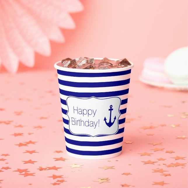 Navy Stripes and Nautical Anchor Birthday Party Paper Cups (Insitu)