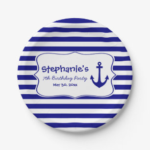 Navy Stripes and Nautical Anchor Birthday Party Paper Plate