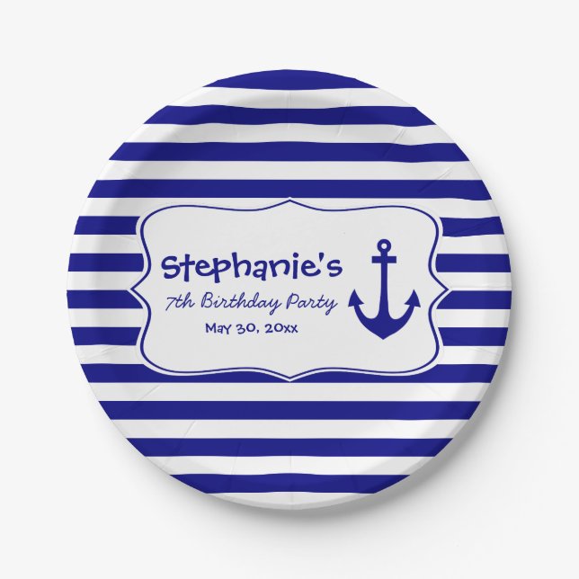 Navy Stripes and Nautical Anchor Birthday Party Paper Plate (Front)