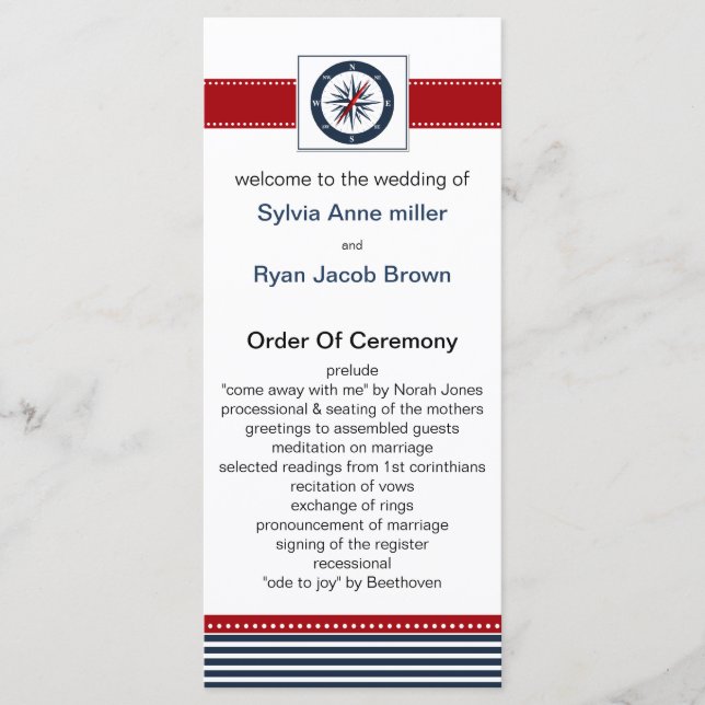 navy stripes, compass, nautical wedding programs programme (Front)