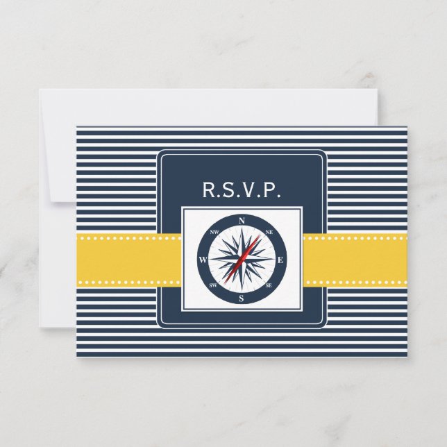 navy stripes,compass nautical wedding rsvp 3.5 x 5 card (Front)