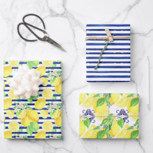 Navy Stripes & Damask with Yellow Lemons Pattern Wrapping Paper Sheet