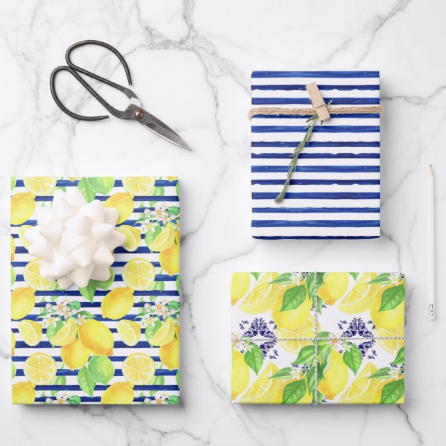 Navy Stripes & Damask with Yellow Lemons Pattern Wrapping Paper Sheet (Front)