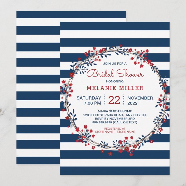 Navy Stripes floral wreath bridal shower invite (Front/Back)