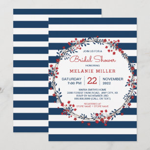 Navy Stripes floral wreath bridal shower invite