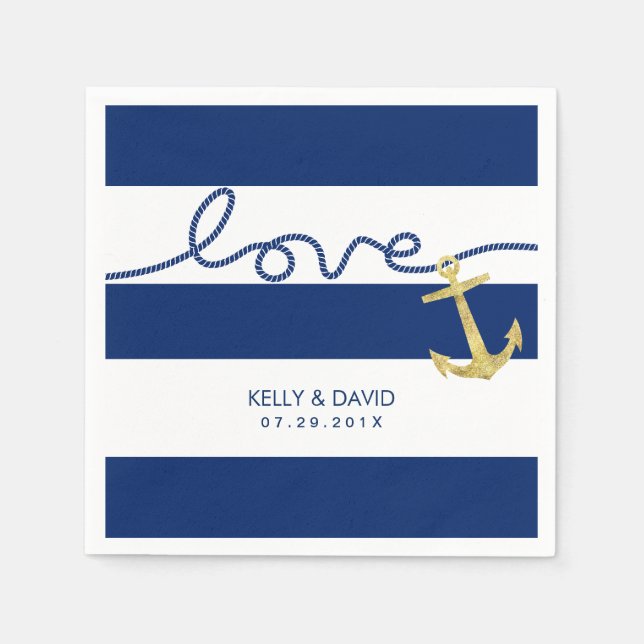 Navy Stripes Gold Anchor Tying the Knot Wedding Napkin (Front)