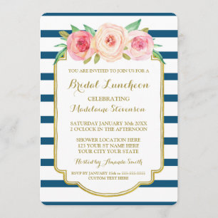 Navy Stripes Gold Pink Floral Bridal Lunch Invitation