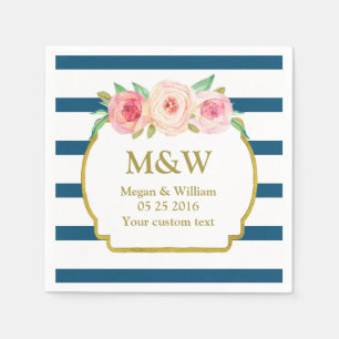 Navy Stripes Gold Pink Floral Wedding Napkins