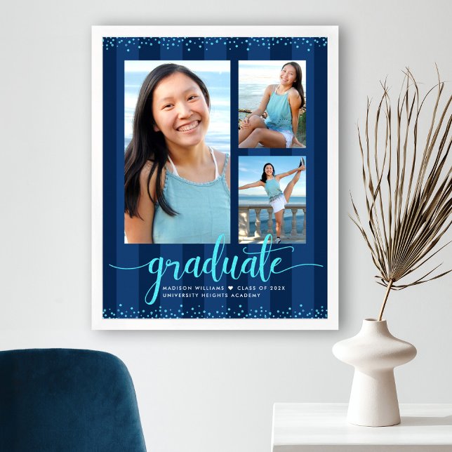 Navy Stripes Grad 3 Photo Turquoise Glitter Script Poster (Creator Uploaded)
