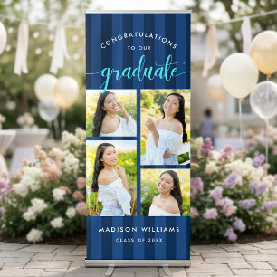 Navy Stripes Grad Turquoise Script 4 Photo Collage Retractable Banner