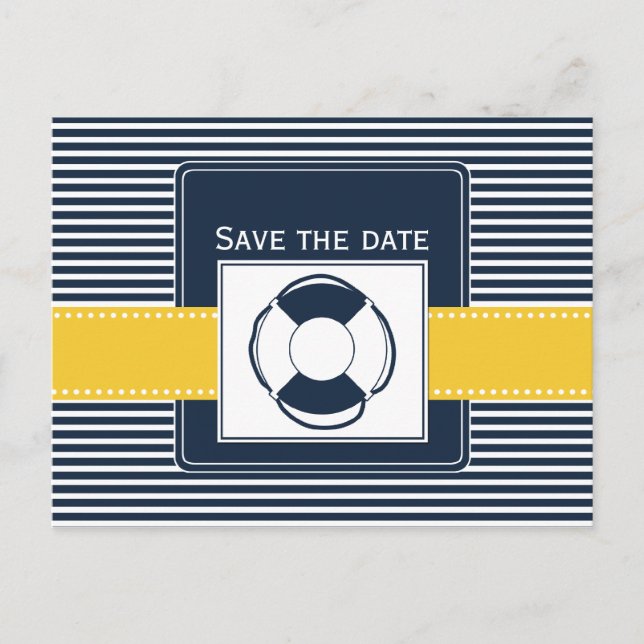 navy stripes, lifebuoy, nautical save the date announcement postcard (Front)