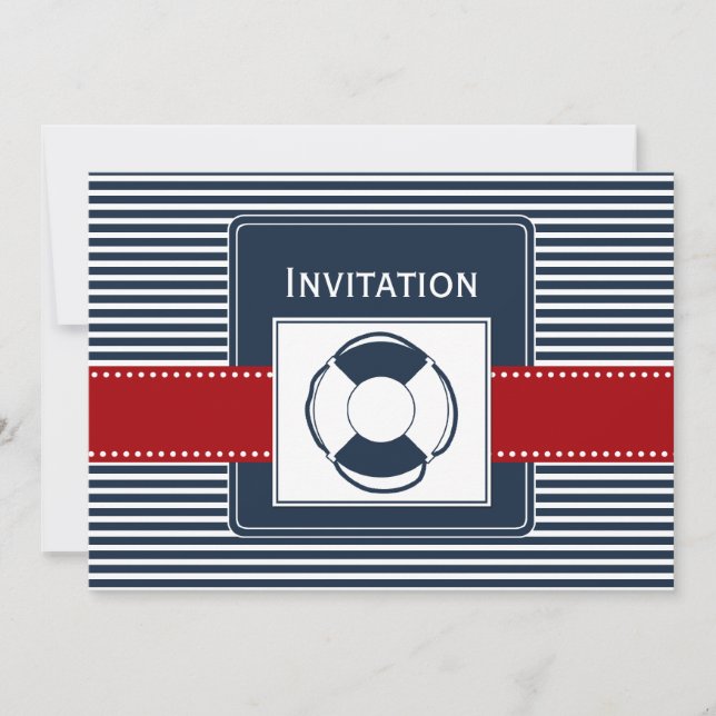 navy stripes, lifebuoy , nautical wedding invites (Front)