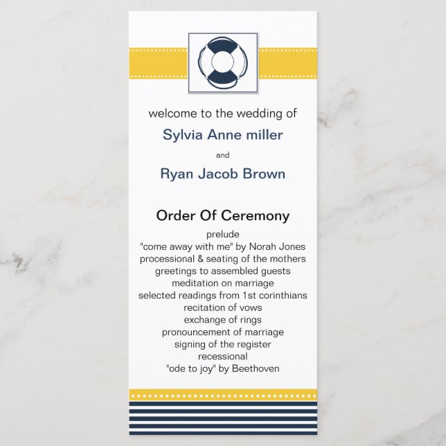navy stripes, lifebuoy , nautical wedding programs programme (Front)