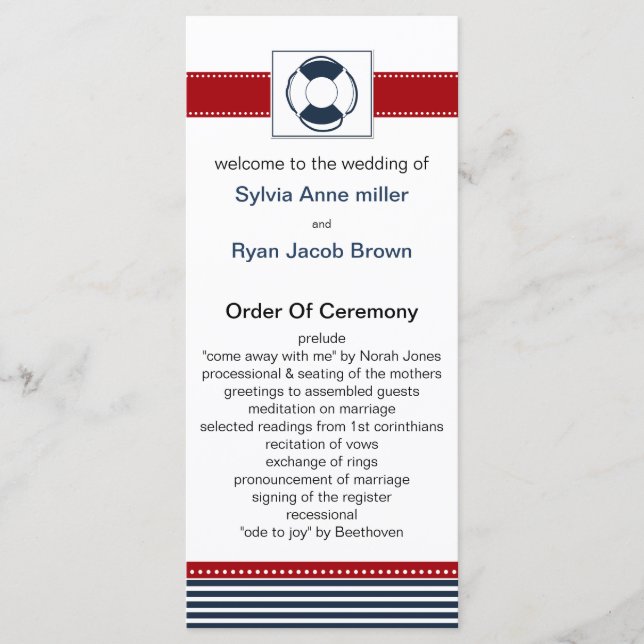 navy stripes, lifebuoy , nautical wedding programs programme (Front)