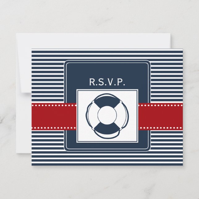 navy stripes, lifebuoy, nautical wedding rsvp (Front)