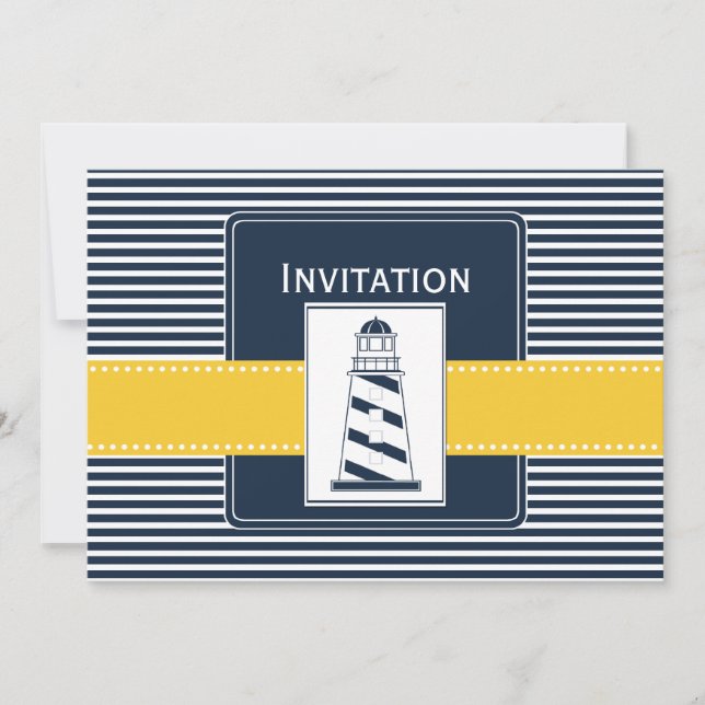 navy stripes, lighthouse, nautical wedding invites (Front)