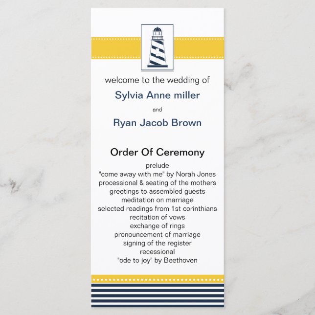 navy stripes,lighthouse, nautical wedding programs programme (Front)