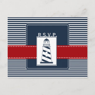 navy stripes,lighthouse, nautical wedding rsvp invitation postcard