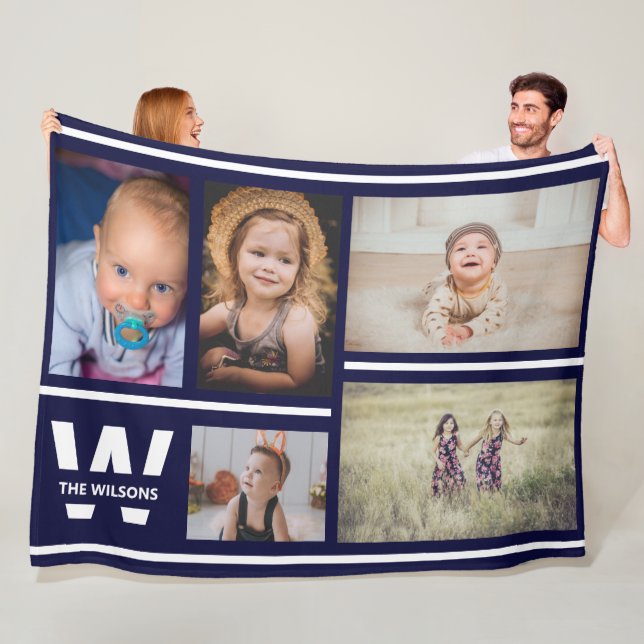Navy Stripes Multiple Photos Custom Monogram Fleece Blanket (In Situ)