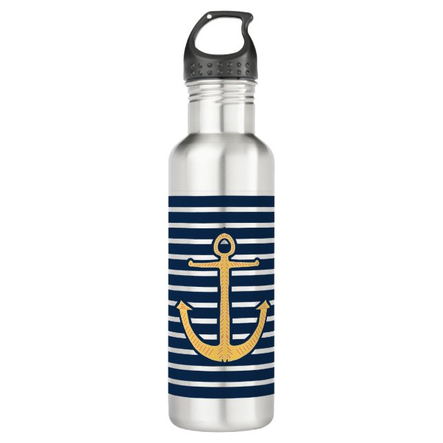 Navy Stripes Nautical Anchor 710 Ml Water Bottle (Front)