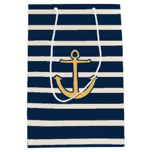 Navy Stripes Nautical Anchor Medium Gift Bag