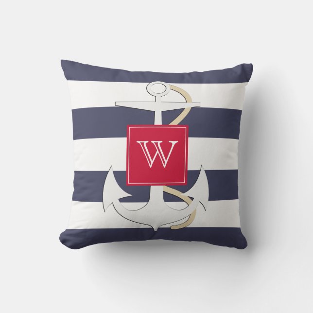 Navy Stripes Nautical Anchor with Monogram Cushion (Front)