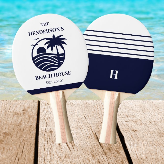Navy Stripes Palm Tree Monogram Family Coastal Ping Pong Paddle (Creator Uploaded)
