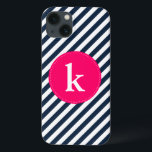 Navy Stripes Pattern Monogram iPad Mini Case<br><div class="desc">Customisable electronics case featuring navy and white diagonal stripes. Other colours are available.</div>