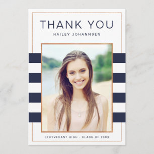 Navy Stripes Photo Graduation Thank You Card