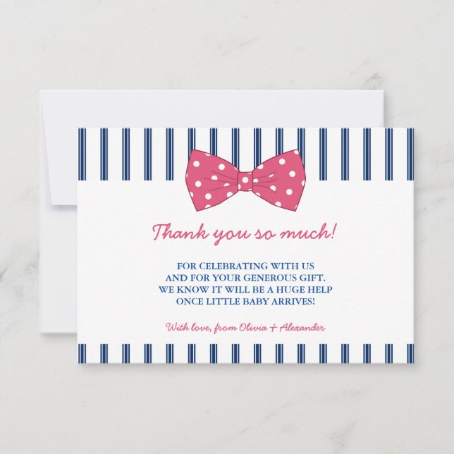 Navy Stripes & Pink Bow | Baby Shower Thank You (Front)
