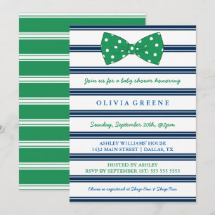 Navy Stripes & Polka Dot Bow Baby Shower Invitation