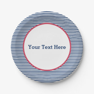 Navy Stripes, Red Border, American, Patriotic Paper Plate