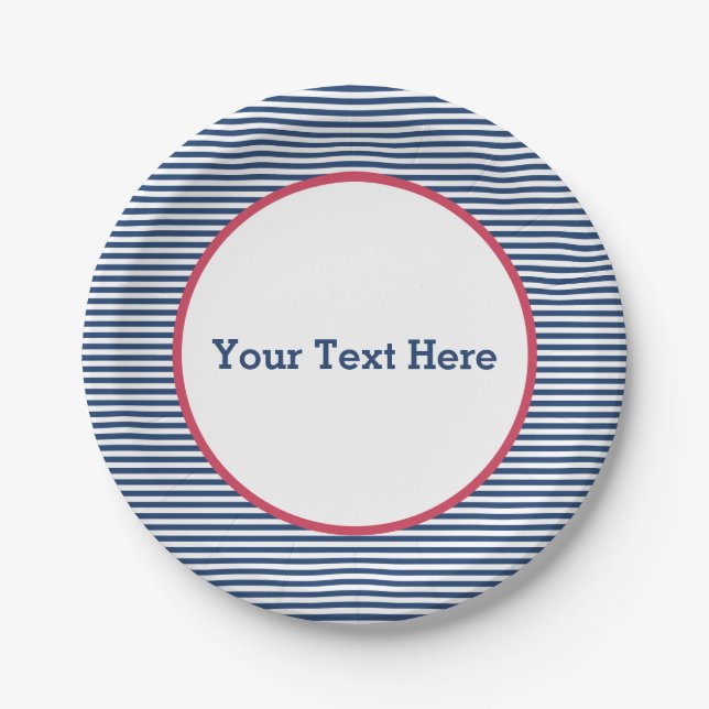 Navy Stripes, Red Border, American, Patriotic Paper Plate (Front)