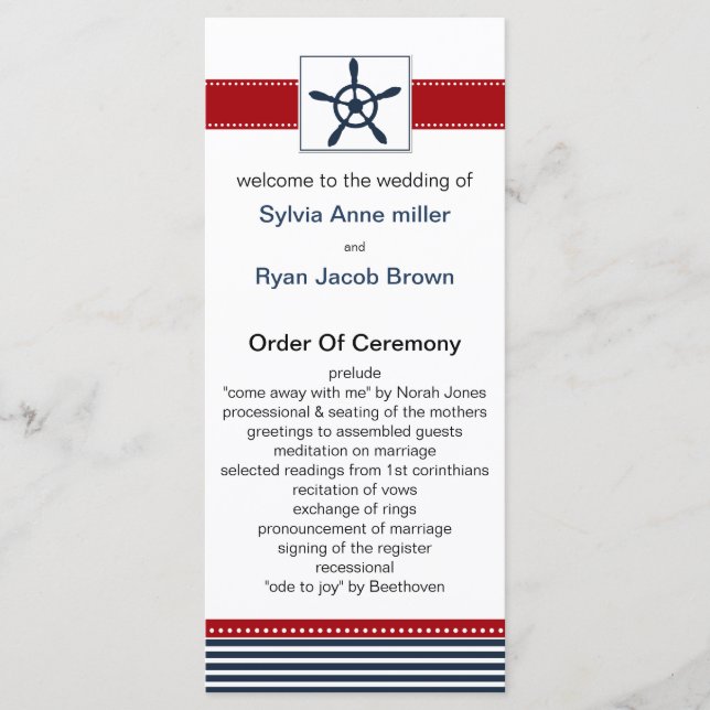 navy stripes, rudder, nautical wedding programs programme (Front)