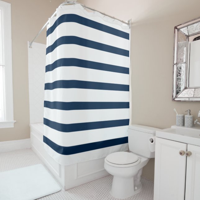 Navy Stripes Shower Curtain (In Situ)