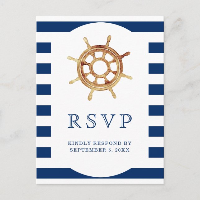 Navy Stripes Steering Wheel Nautical Wedding RSVP Postcard (Front)