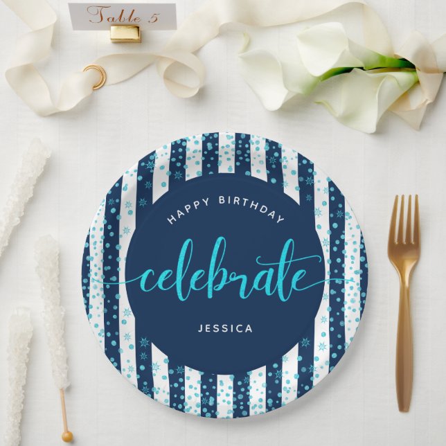 Navy stripes turquoise glitter script birthday paper plate (Wedding)