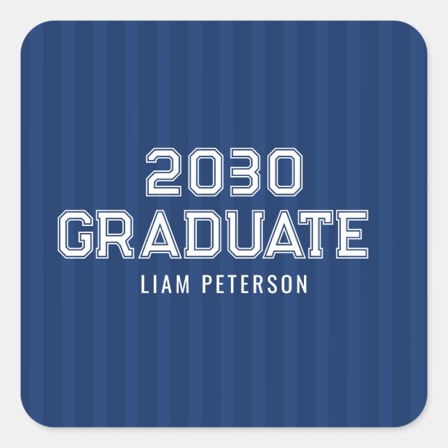 Navy Stripes Typography Custom Graduation Square Sticker (Front)