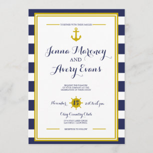 Navy Stripes w/ Anchor Nautical Wedding Invitation